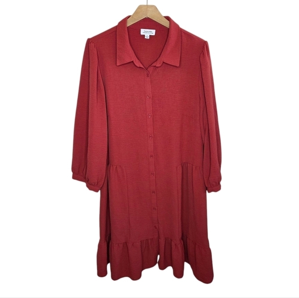 Tahari Arthur S. Levine Red Button Front Drop Waist Collared Long Sleeve Dress